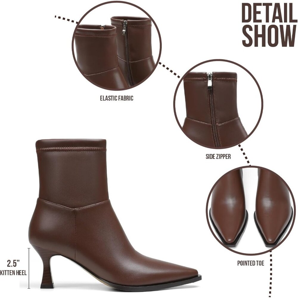 Women's Chocolate Ankle Boots Stiletto High Heel Pointed Toe Short Side Zipper - Picture 5 of 6